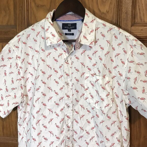 MB Michael Brandon Slim Fit Men's XL White Pink Flamingo Print Button Down Shirt - Picture 2 of 8